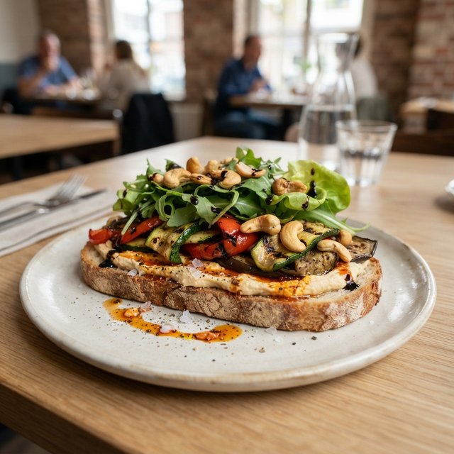 Hummus met harissa, gegrilde groente, cashewnoten, rucola, kropsla en balsamico
