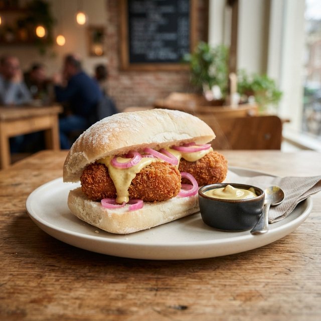 Sandwich with 2x beef croquettes, Dijon mustard, pickled onion