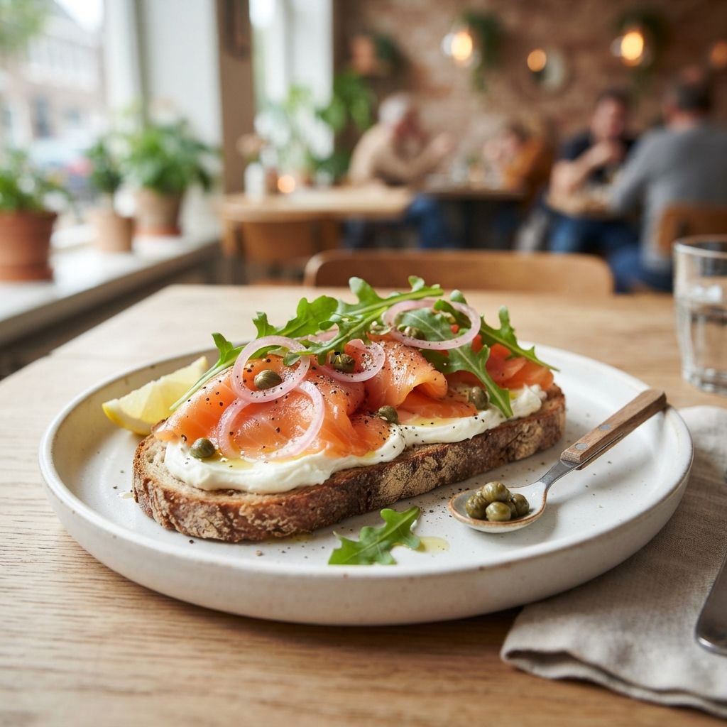 ZALM met creamcheese, rucola, kappertjes en zoet-zure rode ui