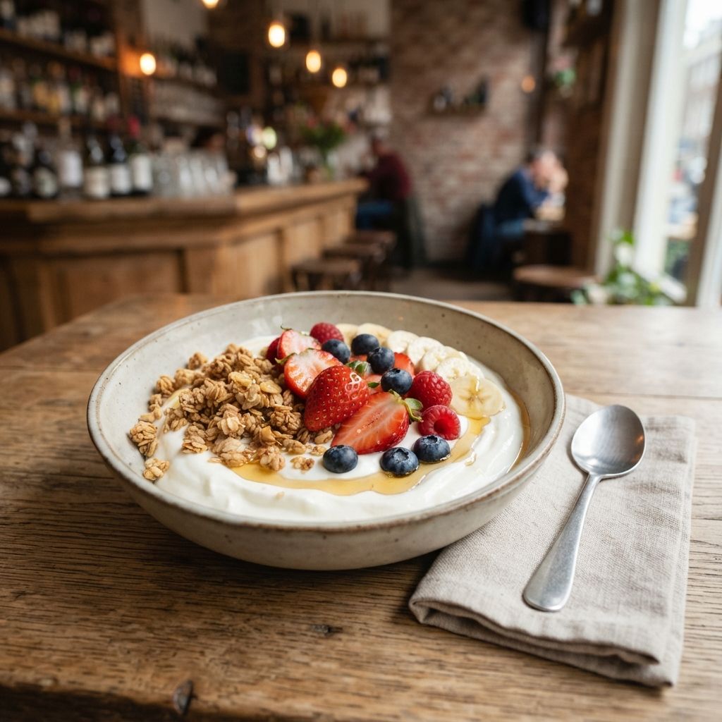 Griekse yoghurt met cruesli, fruit en honing
