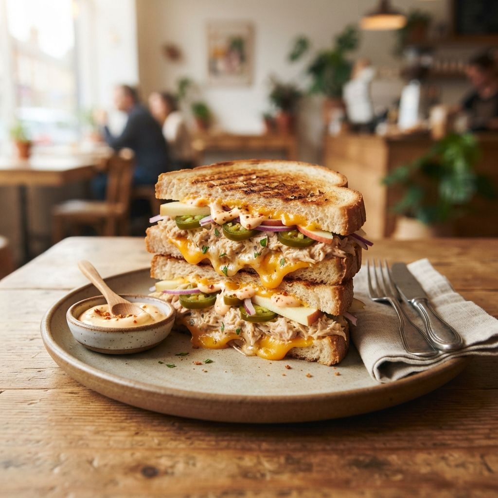Toastie with tuna salad mix, jalapenos, red onion & apple, cheddar & chili garlic mayo