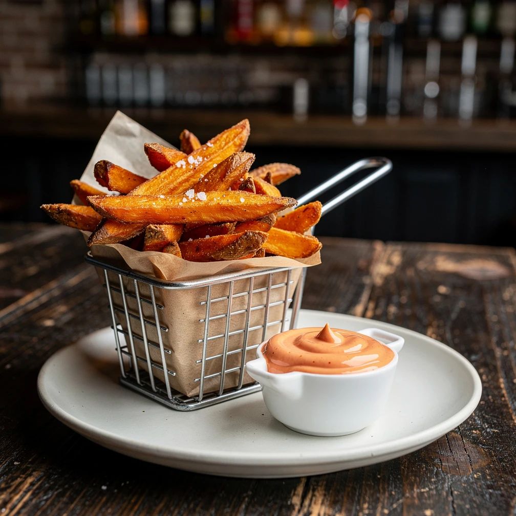 Zoete aardappel friet met sriracha mayo