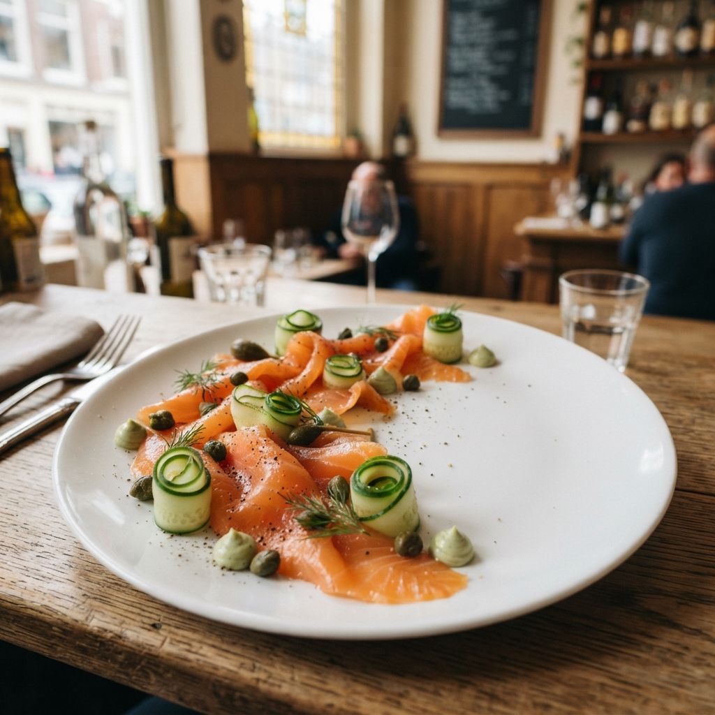 Long sliced gerookte zalm met kappertjes, wasabimayo en gemarineerde komkommer