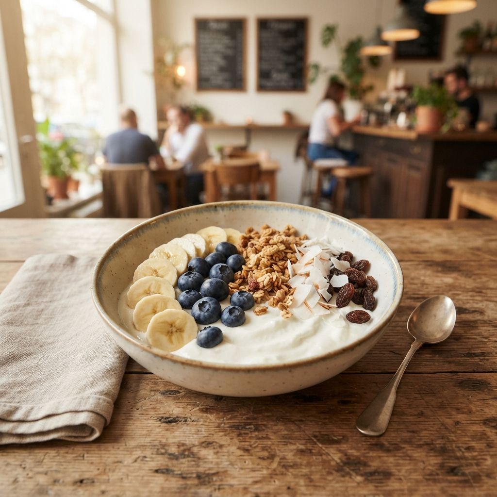 Griekse yoghurt met banaan, blauwe bessen, biologische granola, kokos en rozijn