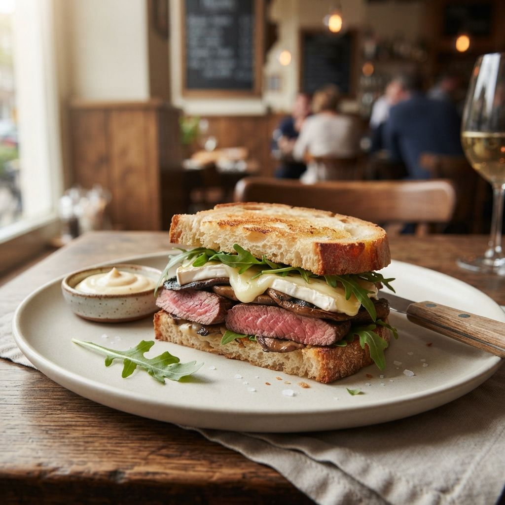 Steak sandwich met portobello, brie en rucola