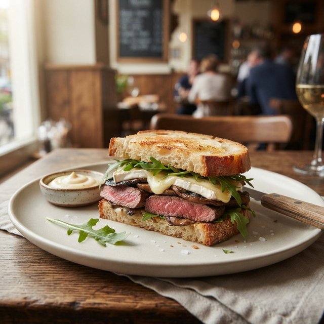 Steak sandwich met portobello, brie en rucola