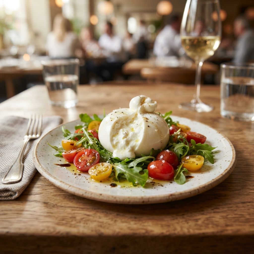 Burrata met ruccola en tomaten
