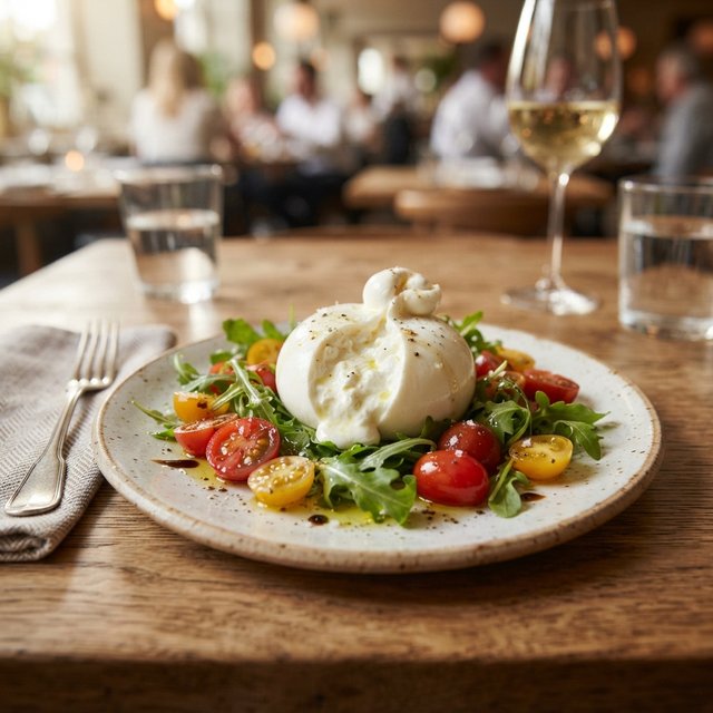 Burrata met ruccola en tomaten