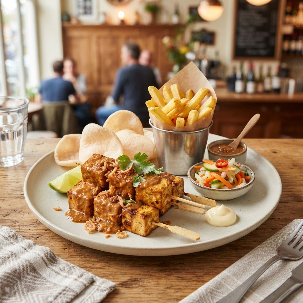 Saté van tofu met frites, cassave kroepoek en huisgemaakte atjar